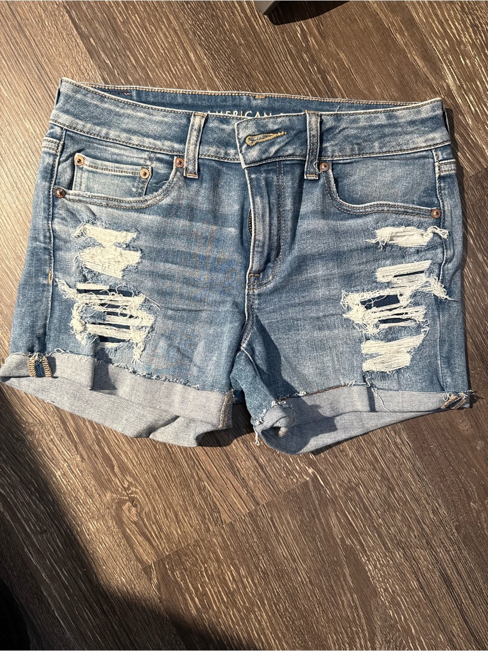 AE Distressed Patch Midi Shorts